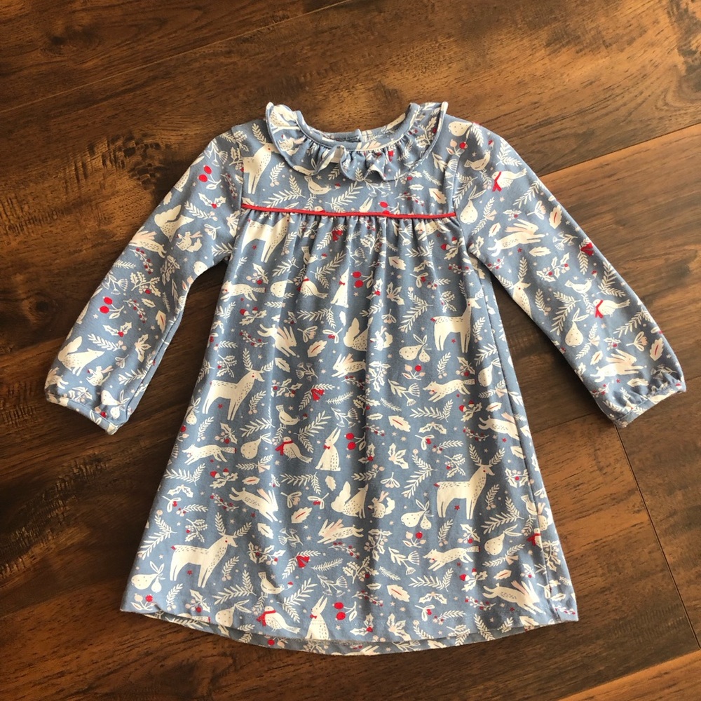 EUC Baby Boden Winter Wonderland scene woodland forest animal dress sz 18-24M